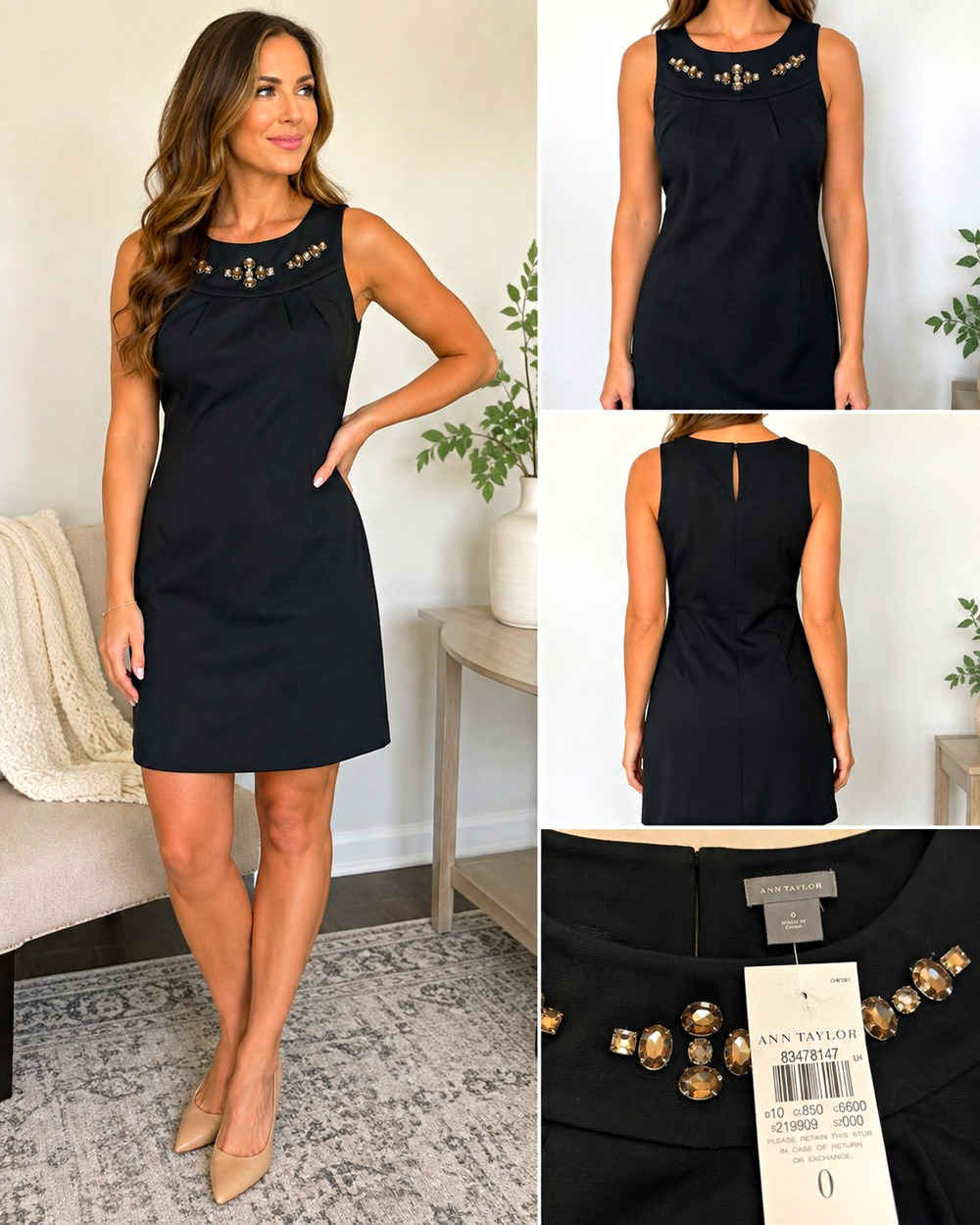Ann Taylor Black Sleeveless Embellished Shift Dress Size 0 Jeweled NWT